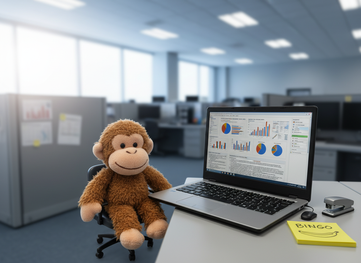 A small, plush toy monkey named Bingo sits upright in a neatly organized corporate cubicle, his soft brown fur slightly tousled and his stitched smile curious and friendly. He faces an oversized laptop displaying a colorful, overly complex PowerPoint slide full of charts and bullet points. Around him are tiny office props sized for him: a miniature stapler, a mouse-sized swivel chair, and a bright yellow sticky note with a doodled banana. Soft, diffused daylight from a nearby window mixes with cool fluorescent ceiling light, creating a realistic corporate glow. Photographic realism at eye level, with shallow depth of field subtly blurring rows of identical gray cubicles behind him, evokes a playful yet gently satirical office atmosphere.