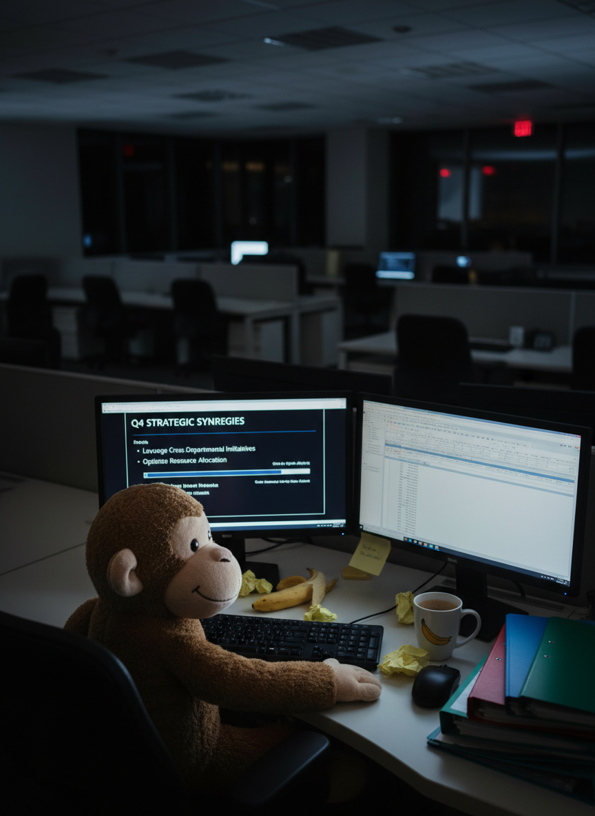 A close-up, photographic realistic scene of Bingo the plush monkey sitting at a dual-monitor workstation in a dimly lit open-plan office at night. The only strong light source comes from the monitors, casting a cool bluish glow on his soft fabric face and tiny embroidered eyes as he stares at an almost-finished slide deck titled “Q4 Strategic Synergies.” Crumpled sticky notes, an empty coffee mug with a banana logo, and a stack of color-coded binders clutter the desk. Beyond, rows of empty desks fade into soft darkness with scattered reflections from exit signs. Shot from a slightly elevated three-quarter angle, with shallow depth of field, the image captures a humorous yet relatable late-night overtime mood with a playful, satirical edge.
