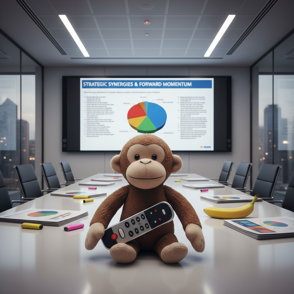 Inside a sleek, glass-walled conference room, a small, well-worn monkey plush named Bingo is perched in front of a huge wall-mounted screen showing a high-stakes corporate PowerPoint: dense bullet points, pointless 3D pie charts, and a slide title that’s comically vague. Bingo’s tiny felt hands rest on a wireless clicker that looks comically large next to him. Scattered on the glossy table surface are printed decks, highlighters, and a single banana where a water bottle should be. Overhead LED panel lights cast bright, even illumination, reflected cleanly in the glass walls. Captured in photographic realism from a slightly low angle, with sharp focus on Bingo and gentle background blur, the mood is polished and professional yet subtly absurd and playful.