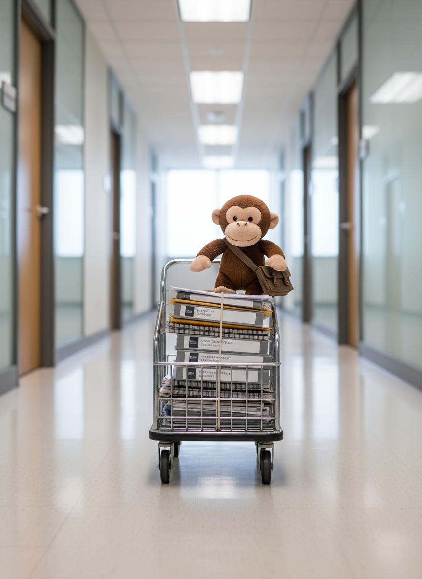 Bingo the small, cuddly stuffed monkey rides a shiny metal office mail cart down a polished hallway lined with identical frosted-glass office doors, as if on an important internal-delivery mission. He stands against a stack of thick, spiral-bound PowerPoint decks labeled with jargon-heavy project names. Overhead fluorescent lights create bright, linear reflections on the floor, while a distant window at the end of the corridor adds a soft, natural backlight. The camera is positioned at low, almost floor level, using a dynamic, slightly motion-blurred photographic style that suggests movement while keeping Bingo crisp and in focus. The mood is playful and adventurous, poking fun at the seriousness of corporate logistics inside a clean, modern professional services firm.
